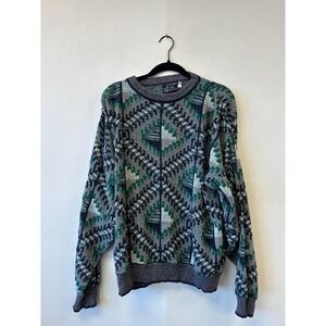 Vintage Peconic Bay Traders Sweater Mens XL Green Blue Geometric Cotton Knit 90s